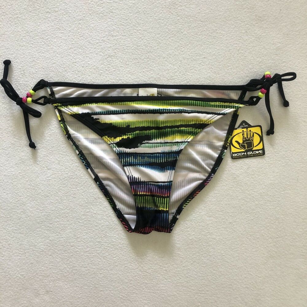 NWT Body Glove Black Multicolor Stripe Tie Side Swim Bikini Bottom 3917434 XL